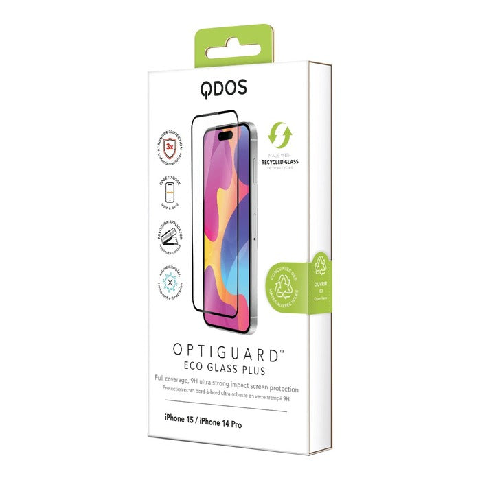 QDOS TemperedGlass OptiGuard EcoGlass Plus iPhone 15 series Clear / Black Frame