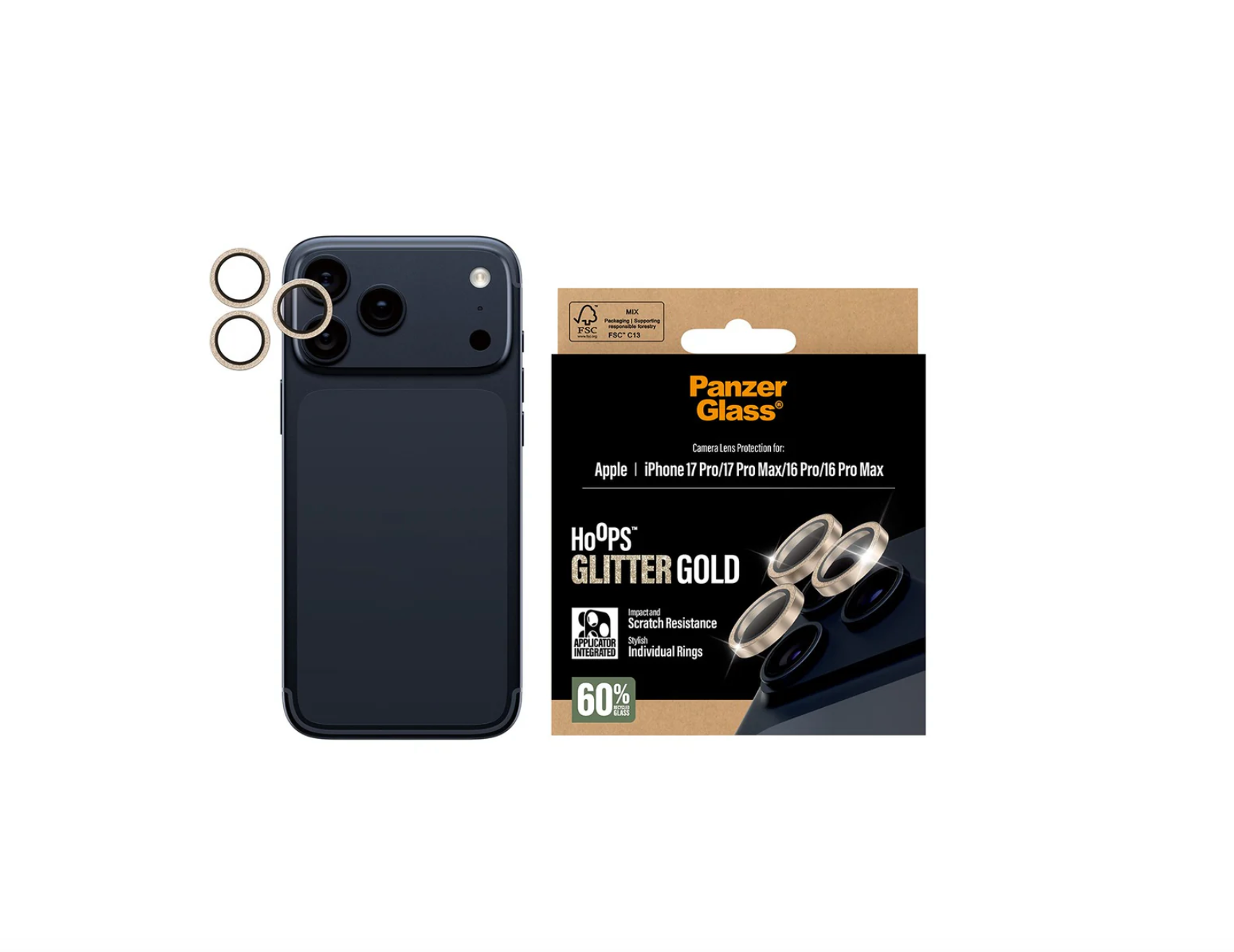 PanzerGlass Hoops Camera Lens Protector Glitter Gold for iPhone 17 Series and iPhone Air