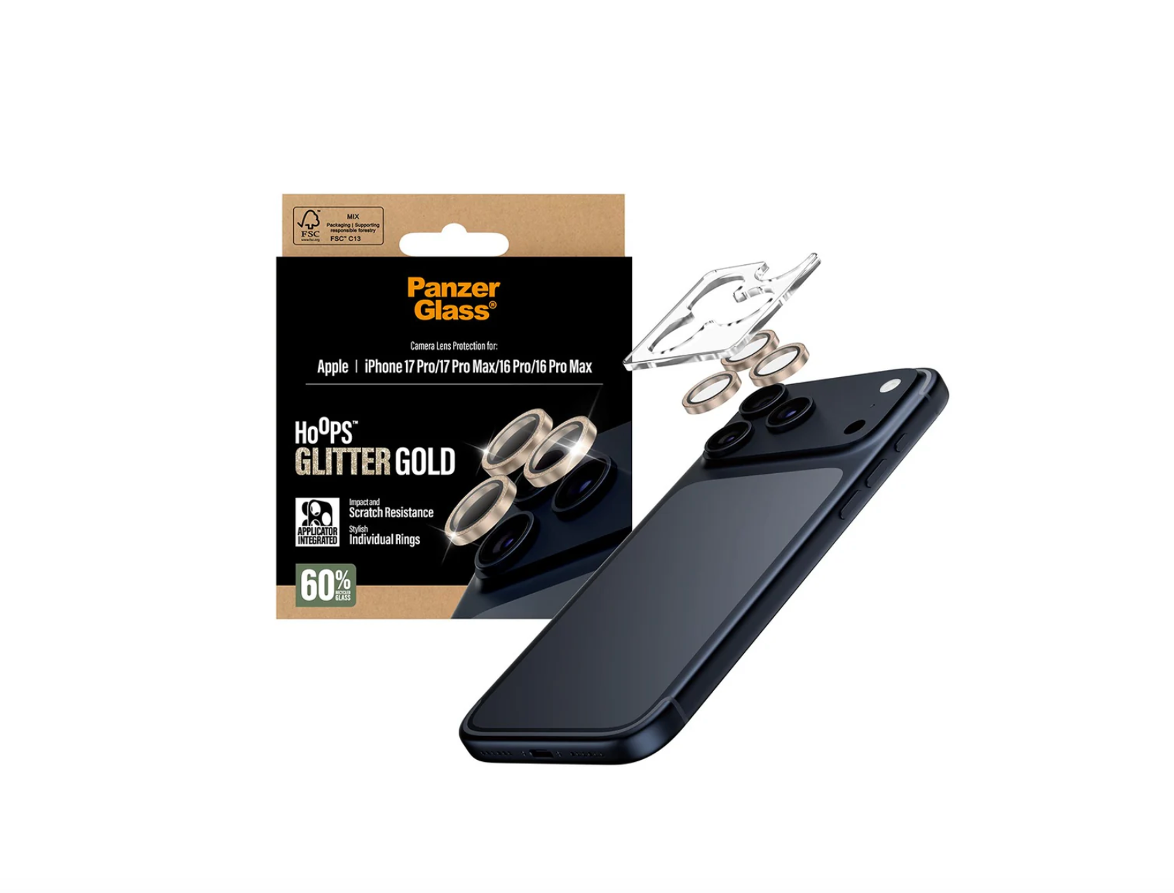 PanzerGlass Hoops Camera Lens Protector Glitter Gold for iPhone 17 Series and iPhone Air