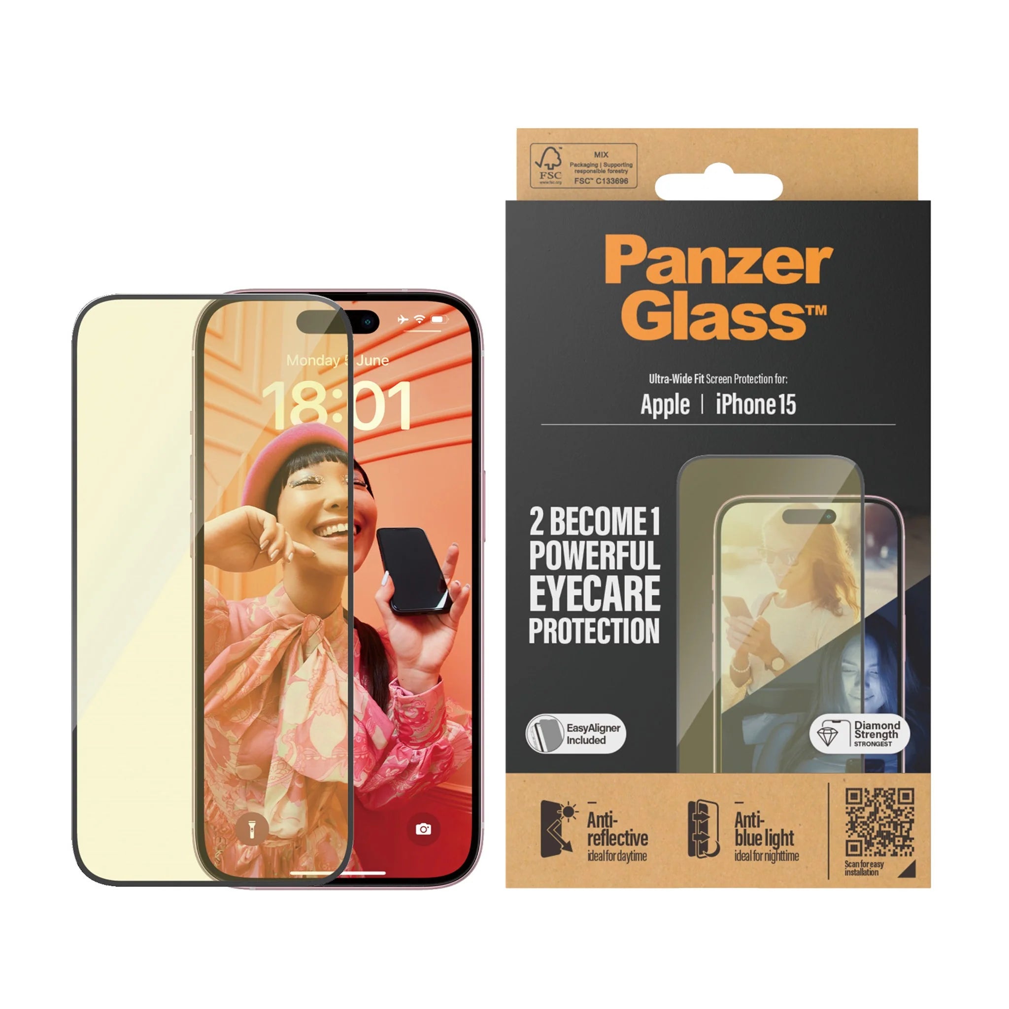 PanzerGlass Eyecare Tempered Glass Ultra Wide Fit with easyaligner for iPhone 15