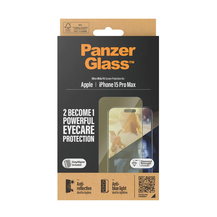 PanzerGlass Eyecare Tempered Glass Ultra Wide Fit with easyaligner for iPhone 15